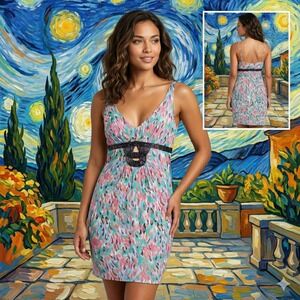 Be Seduced Silk Mini Dress Multi Color Leopard Beaded V-Neck 10SW4268 Size 4 NEW